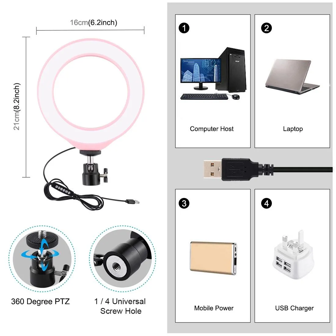 10 Mode Usb Led Ring Light with Tripod and Ball Head - 6.2 Inch Diameter