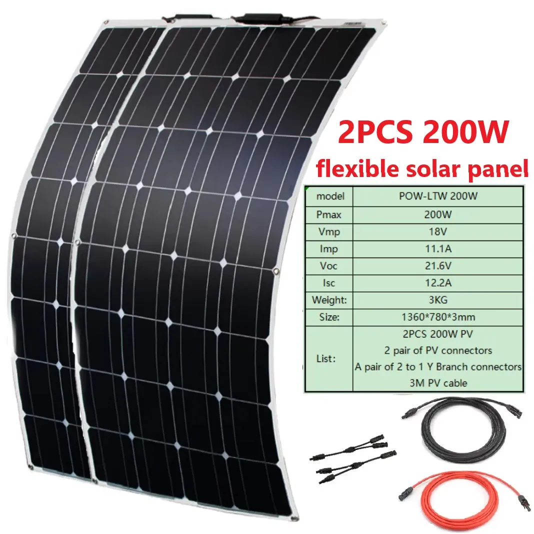 800W 400W 200W Flexible Solar Panel Kit Complete 12V 18V 24V Suitable for Solar Panels Battery Charging Camping RV Boat Roof