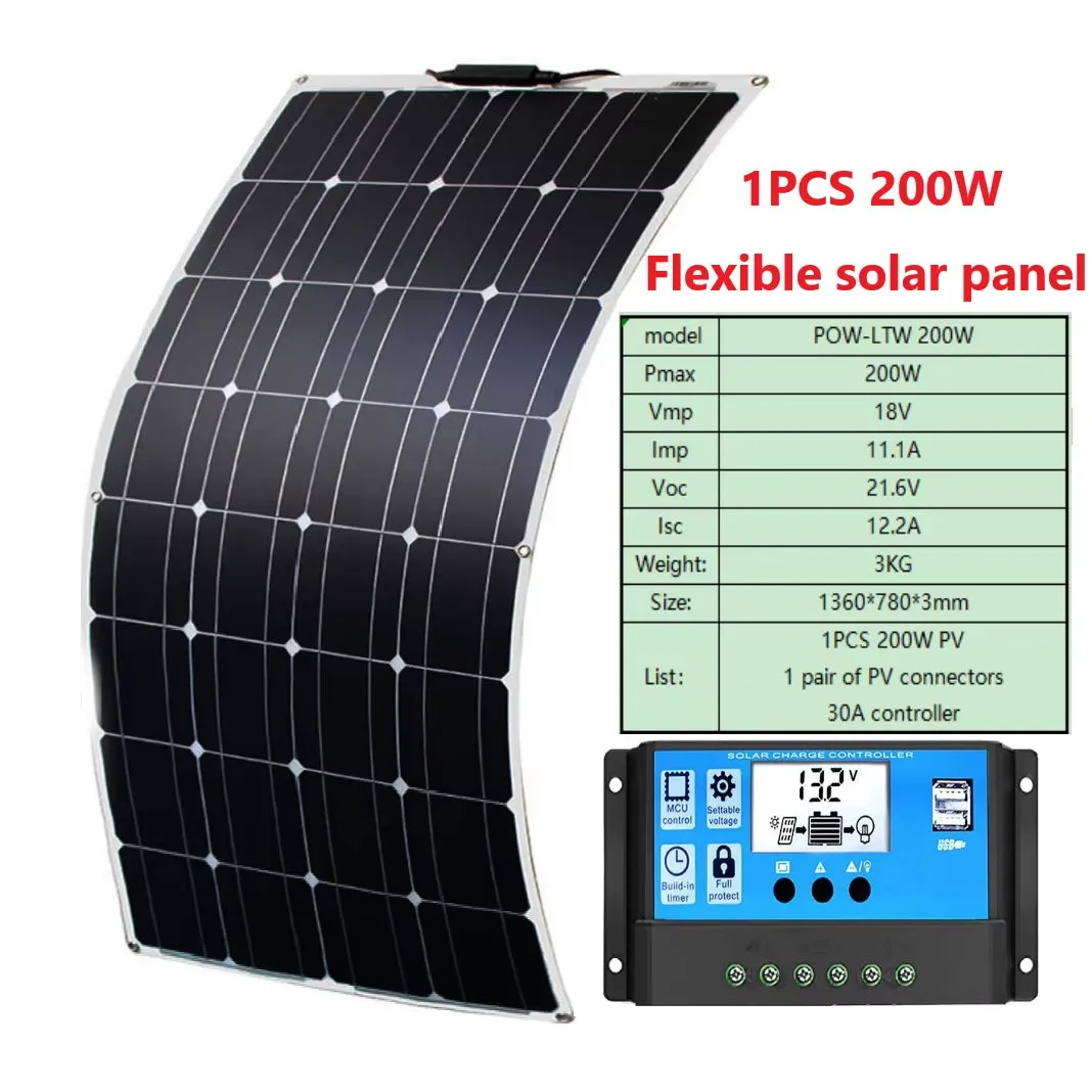 800W 400W 200W Flexible Solar Panel Kit Complete 12V 18V 24V Suitable for Solar Panels Battery Charging Camping RV Boat Roof