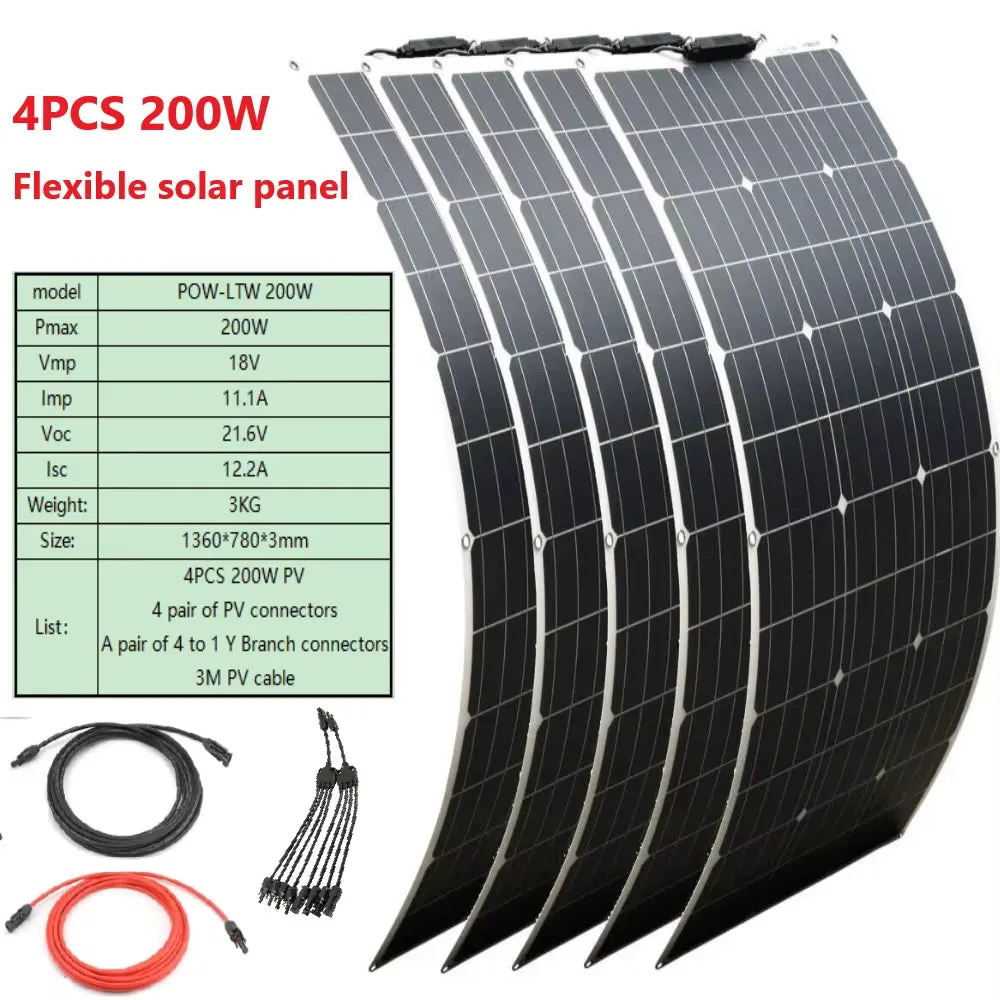800W 400W 200W Flexible Solar Panel Kit Complete 12V 18V 24V Suitable for Solar Panels Battery Charging Camping RV Boat Roof