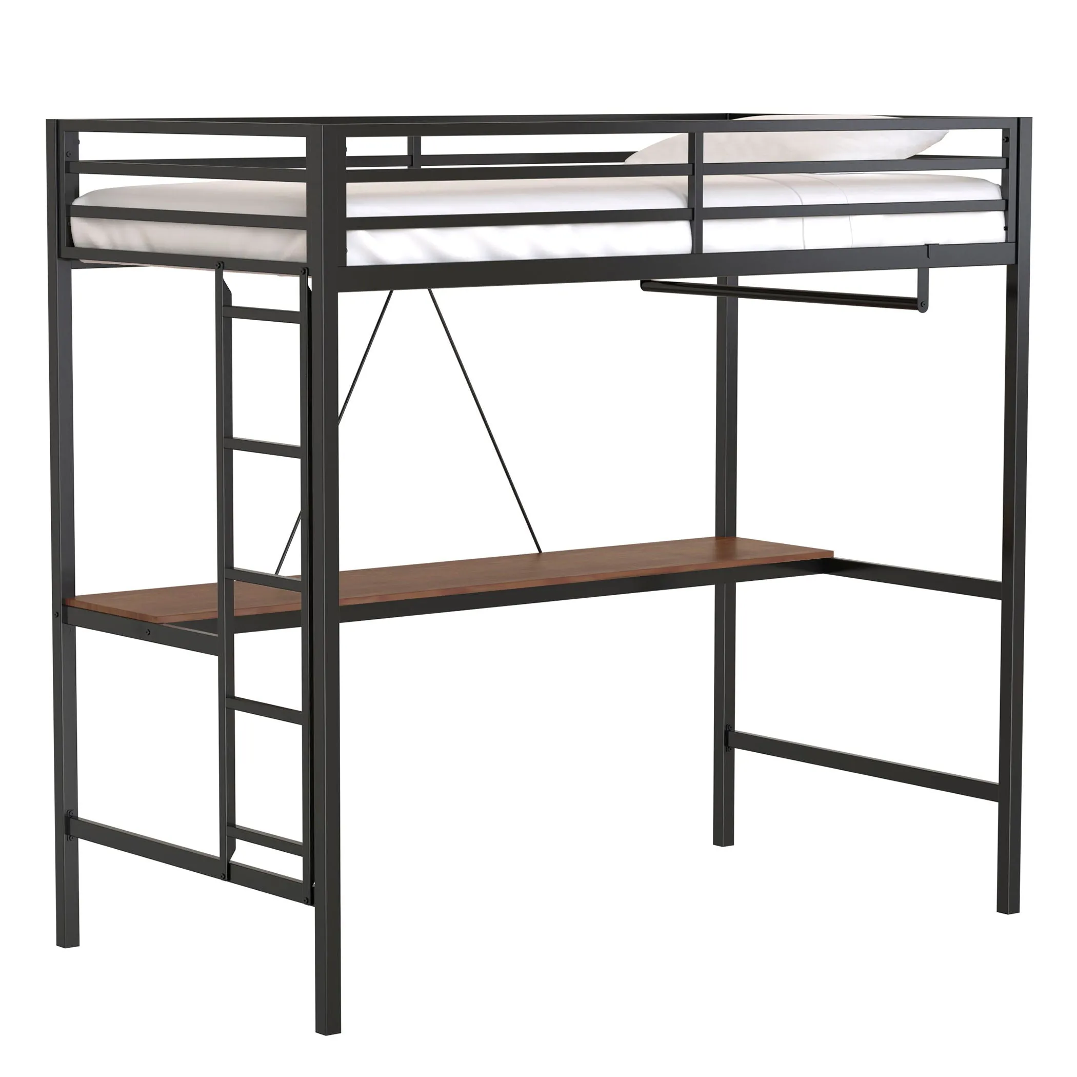 Adam - Twin Loft Bunk Bed With Cinnamon Wood Desk And Closet Rod - Black by Couch.com