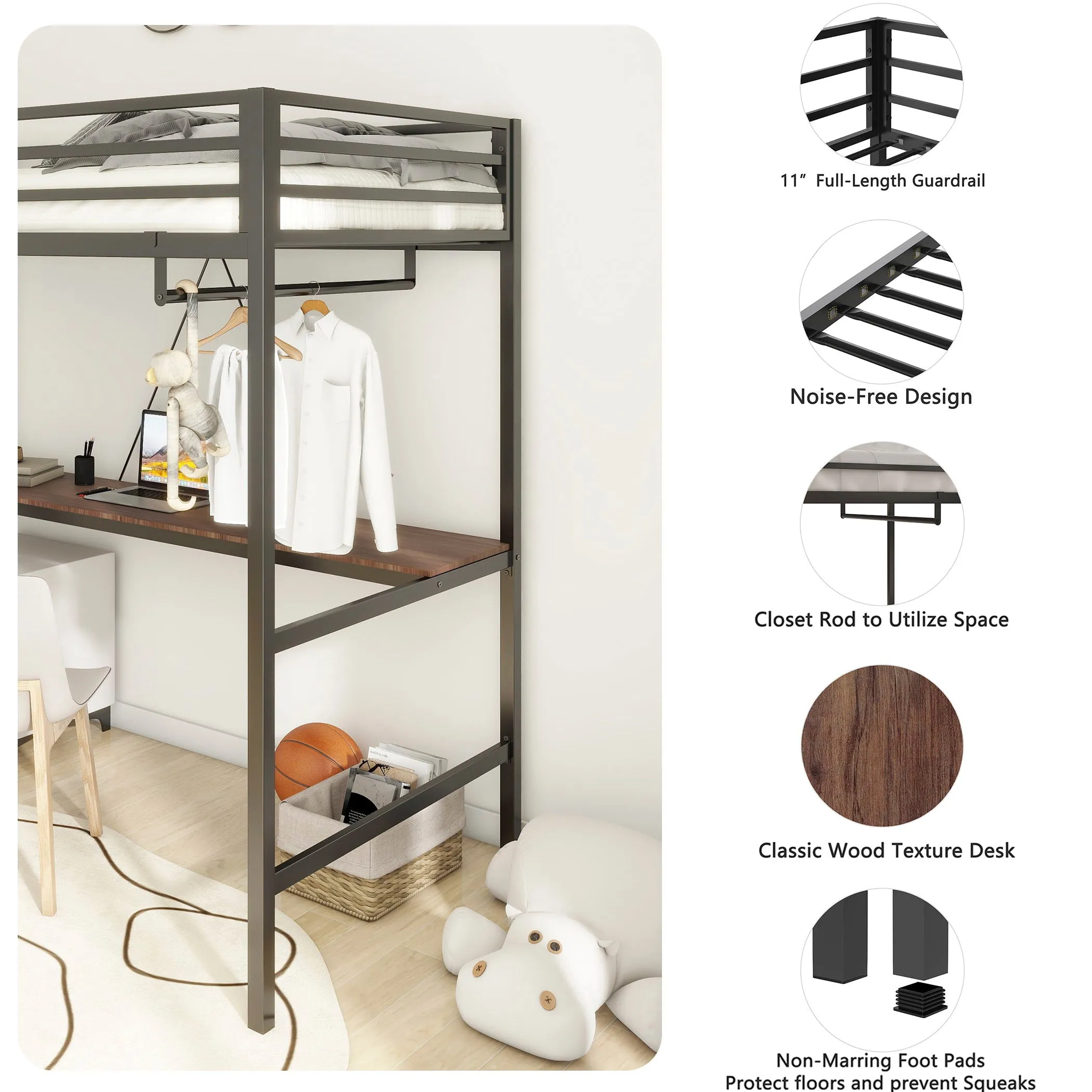Adam - Twin Loft Bunk Bed With Cinnamon Wood Desk And Closet Rod - Black by Couch.com