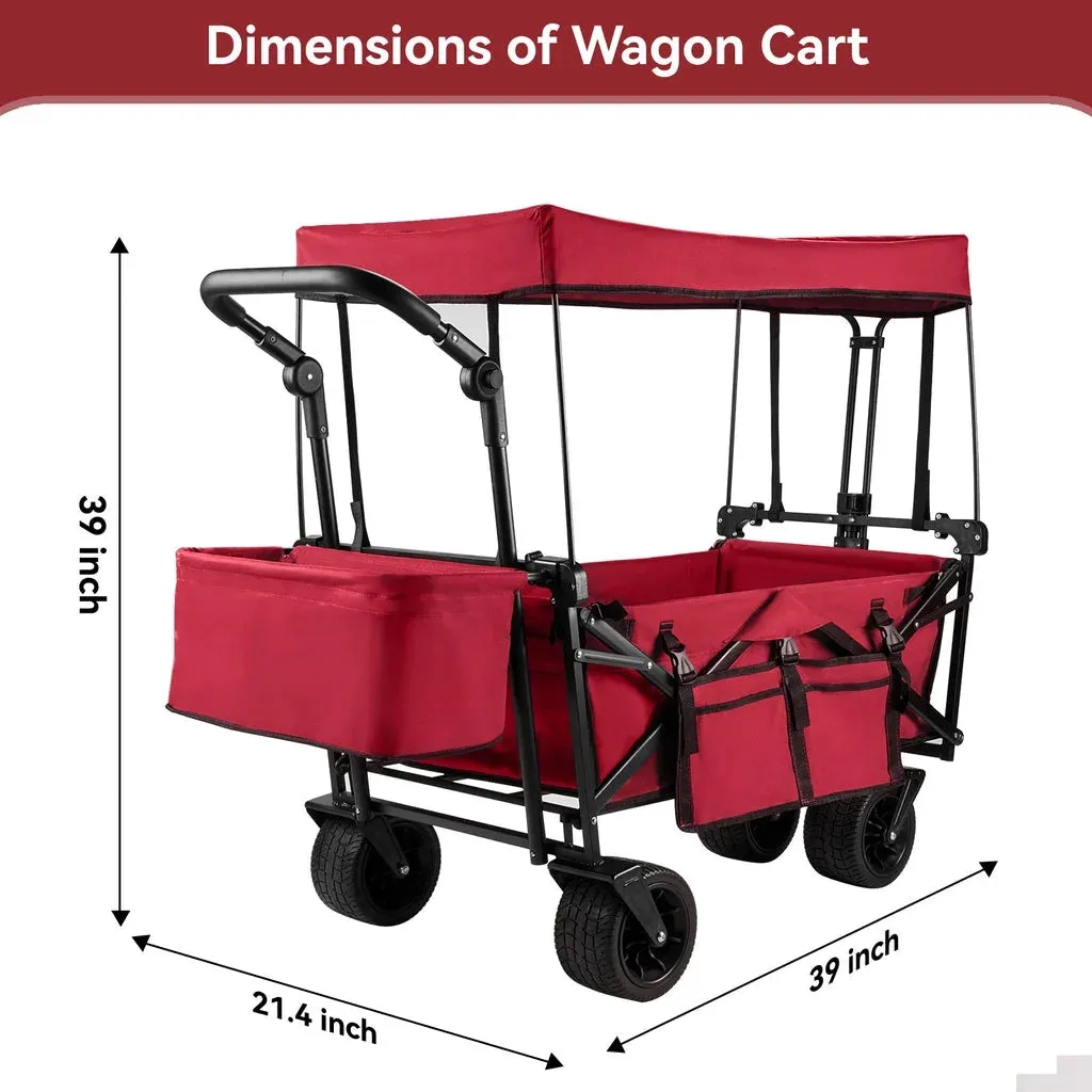 Collapsible Garden Wagon Cart with Removable Canopy, VECUKTY Foldable Wagon Utility Carts with Wheels and Rear Storage, Wagon Cart for Garden Camping Grocery Shopping Cart, Red