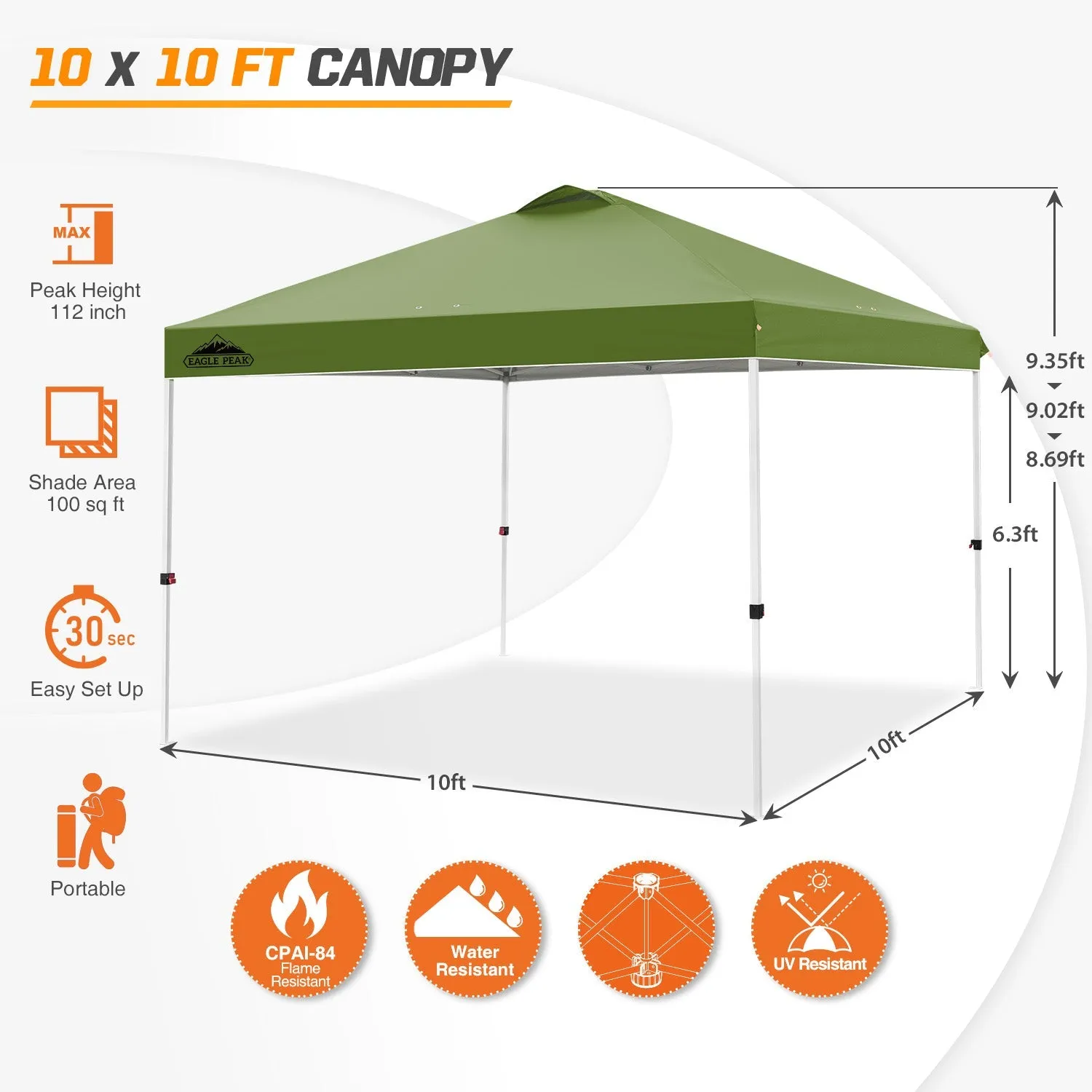 Easy Setup Straight Leg 10x10 Pop Up Canopy Tent w/ 100 sqft of Shade
