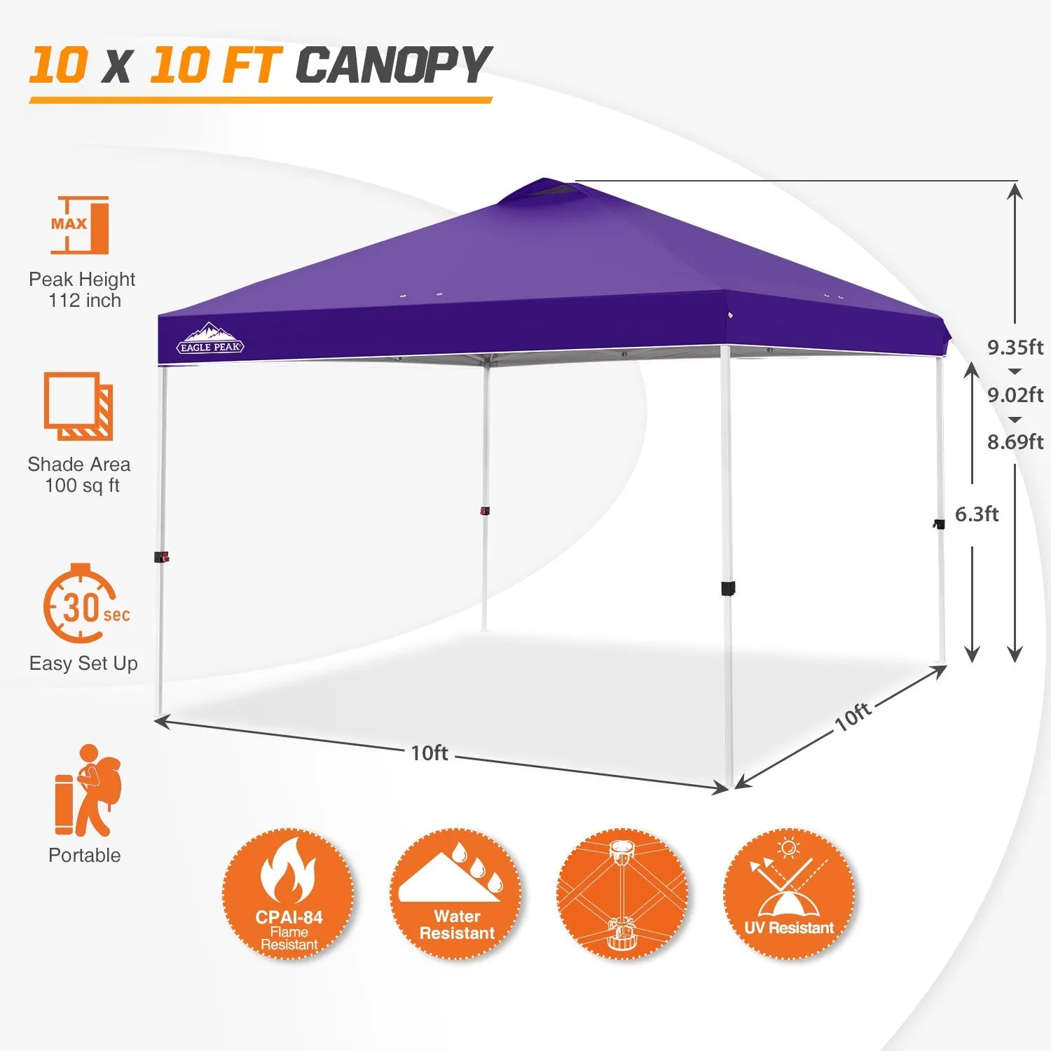 Easy Setup Straight Leg 10x10 Pop Up Canopy Tent w/ 100 sqft of Shade