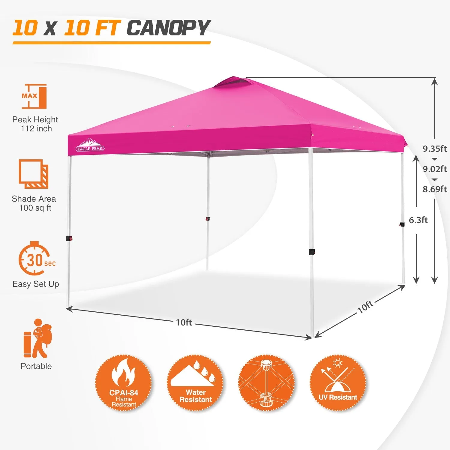Easy Setup Straight Leg 10x10 Pop Up Canopy Tent w/ 100 sqft of Shade