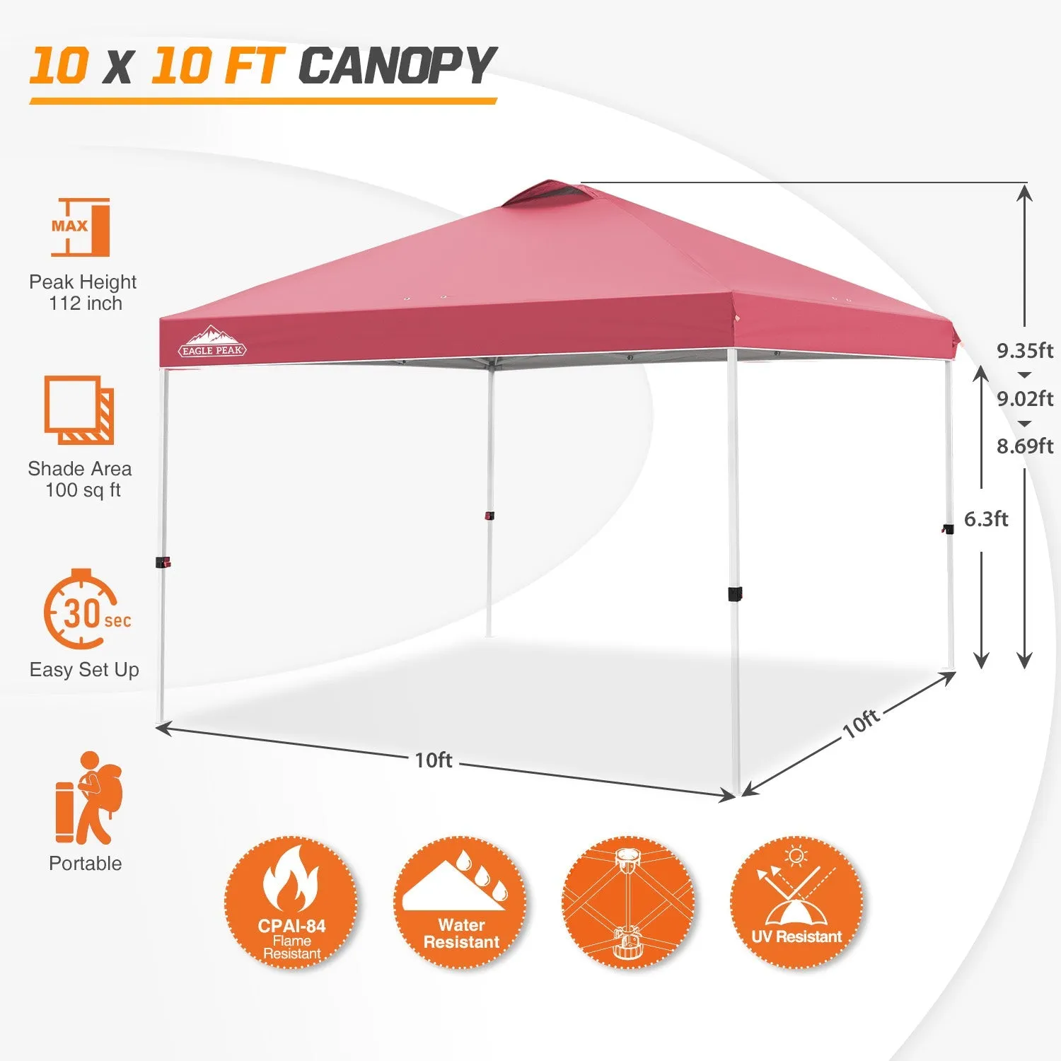 Easy Setup Straight Leg 10x10 Pop Up Canopy Tent w/ 100 sqft of Shade
