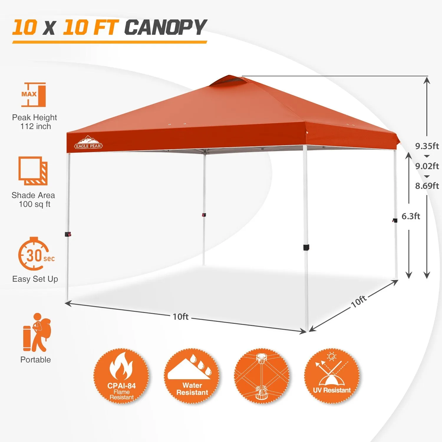 Easy Setup Straight Leg 10x10 Pop Up Canopy Tent w/ 100 sqft of Shade