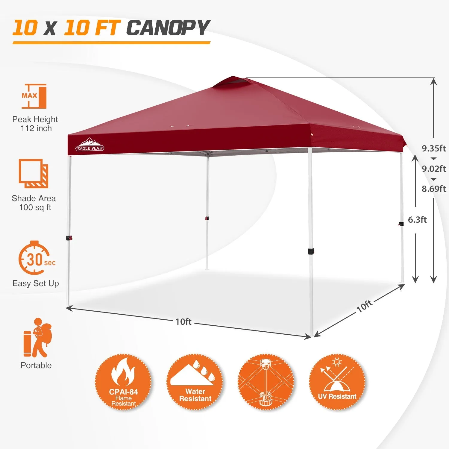 Easy Setup Straight Leg 10x10 Pop Up Canopy Tent w/ 100 sqft of Shade