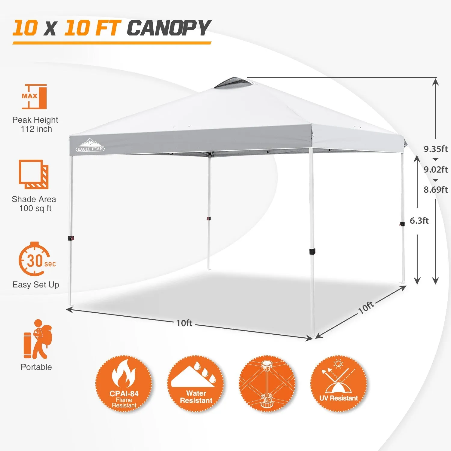 Easy Setup Straight Leg 10x10 Pop Up Canopy Tent w/ 100 sqft of Shade