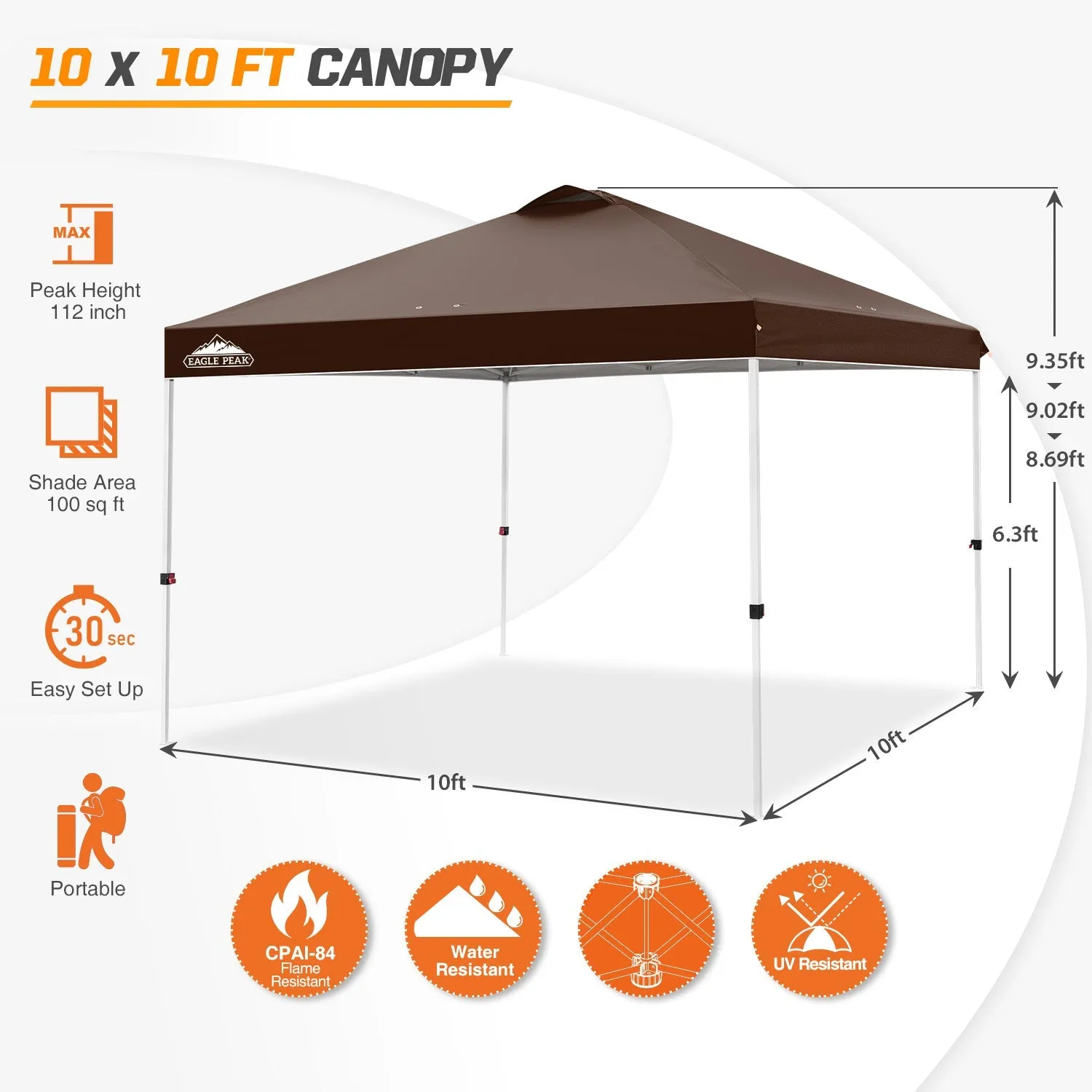 Easy Setup Straight Leg 10x10 Pop Up Canopy Tent w/ 100 sqft of Shade