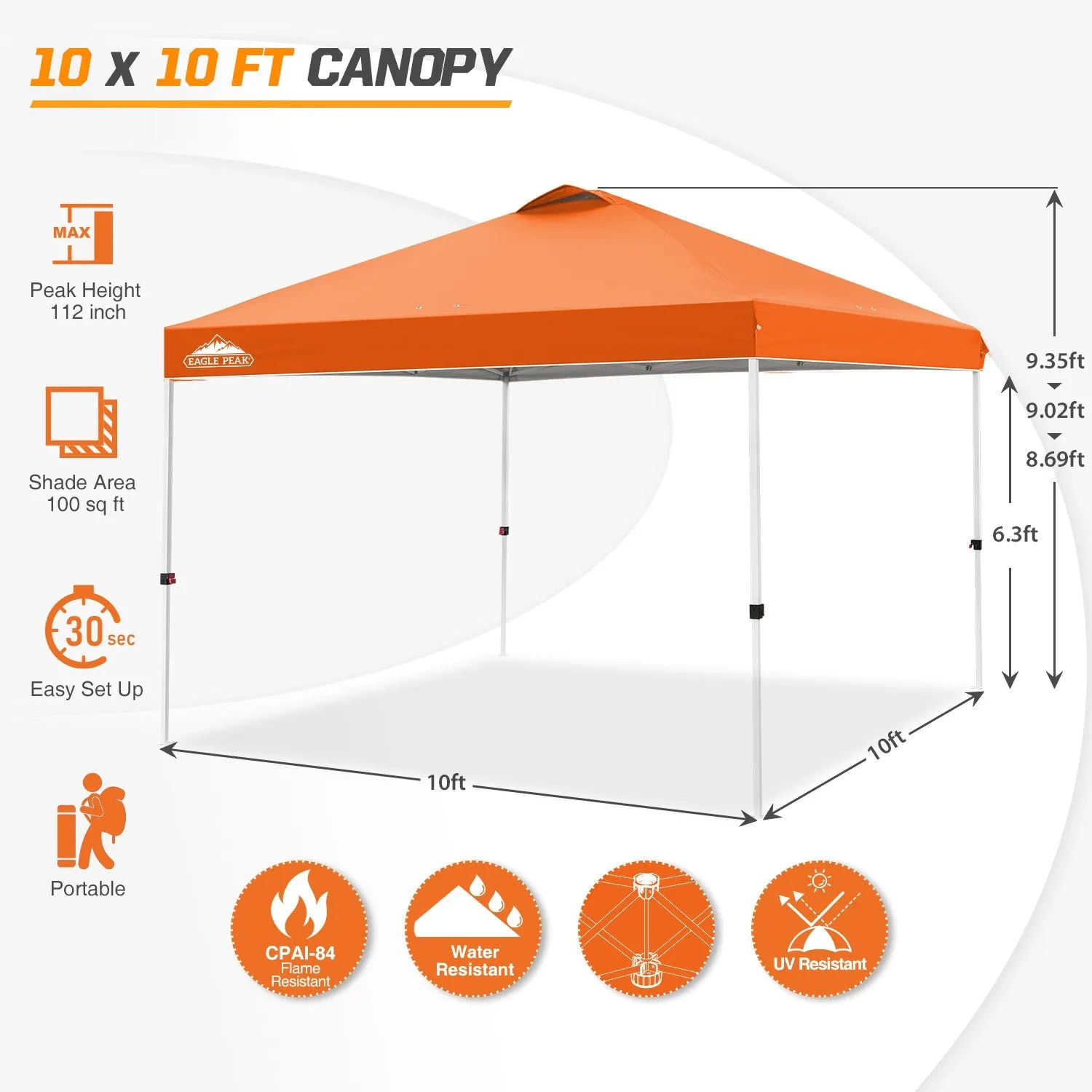 Easy Setup Straight Leg 10x10 Pop Up Canopy Tent w/ 100 sqft of Shade