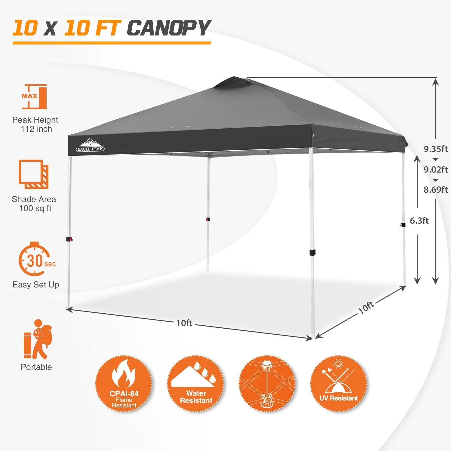 Easy Setup Straight Leg 10x10 Pop Up Canopy Tent w/ 100 sqft of Shade