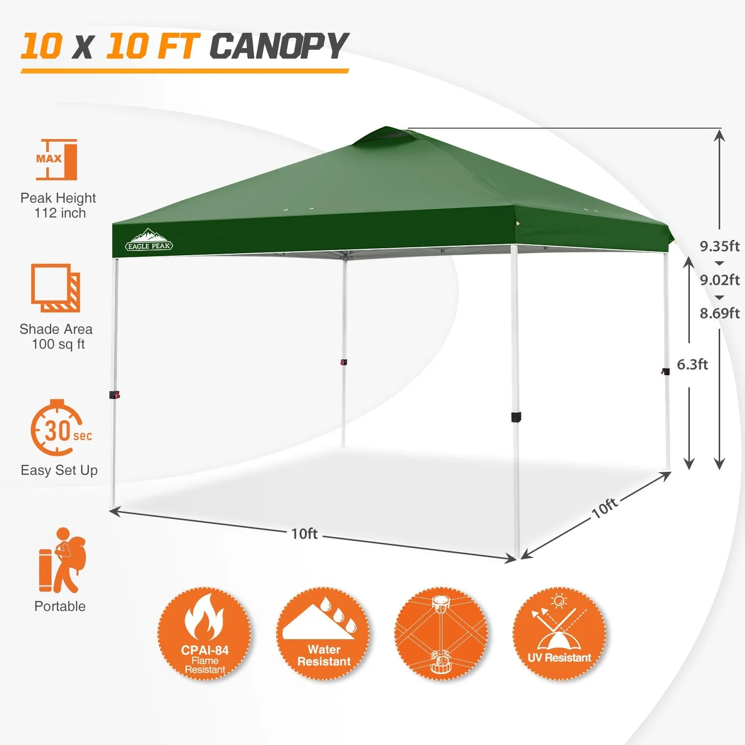 Easy Setup Straight Leg 10x10 Pop Up Canopy Tent w/ 100 sqft of Shade