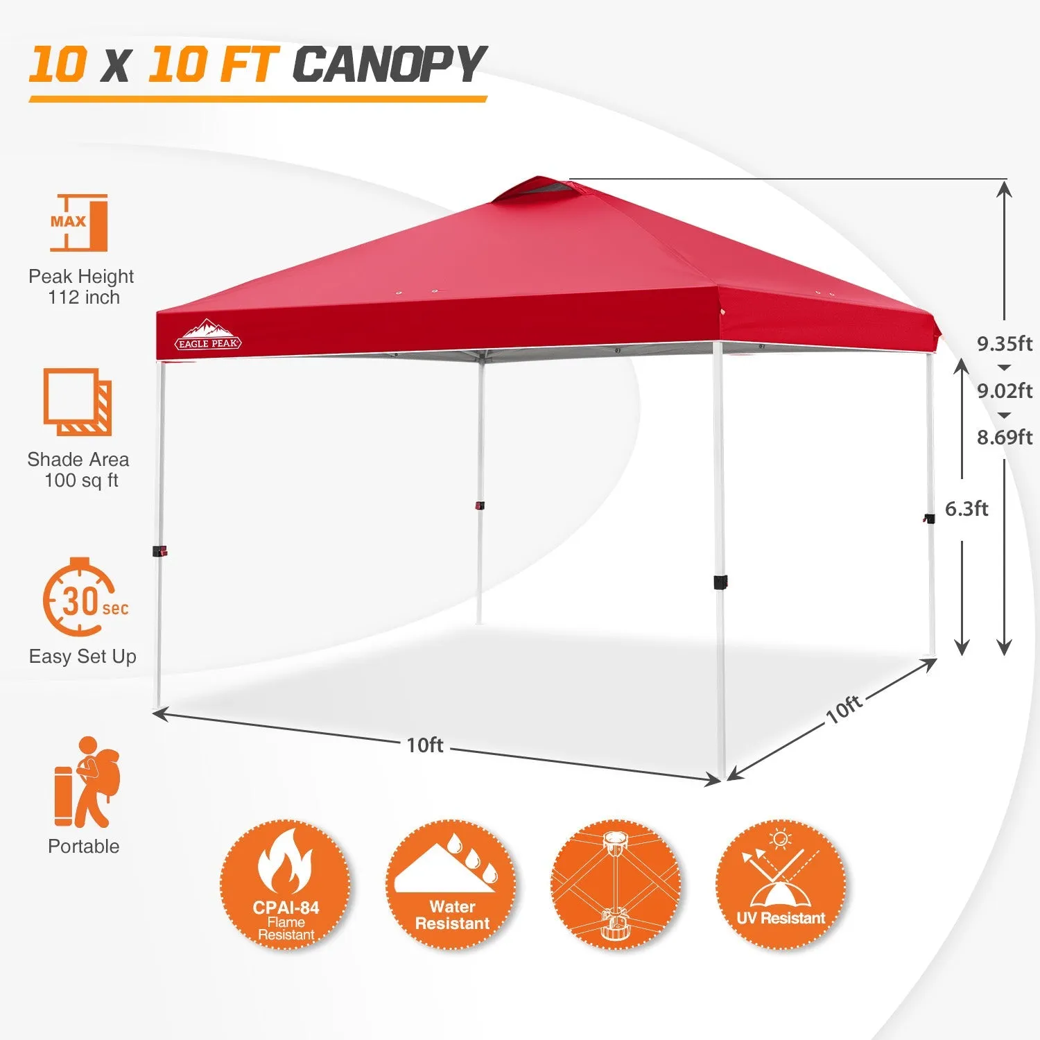 Easy Setup Straight Leg 10x10 Pop Up Canopy Tent w/ 100 sqft of Shade