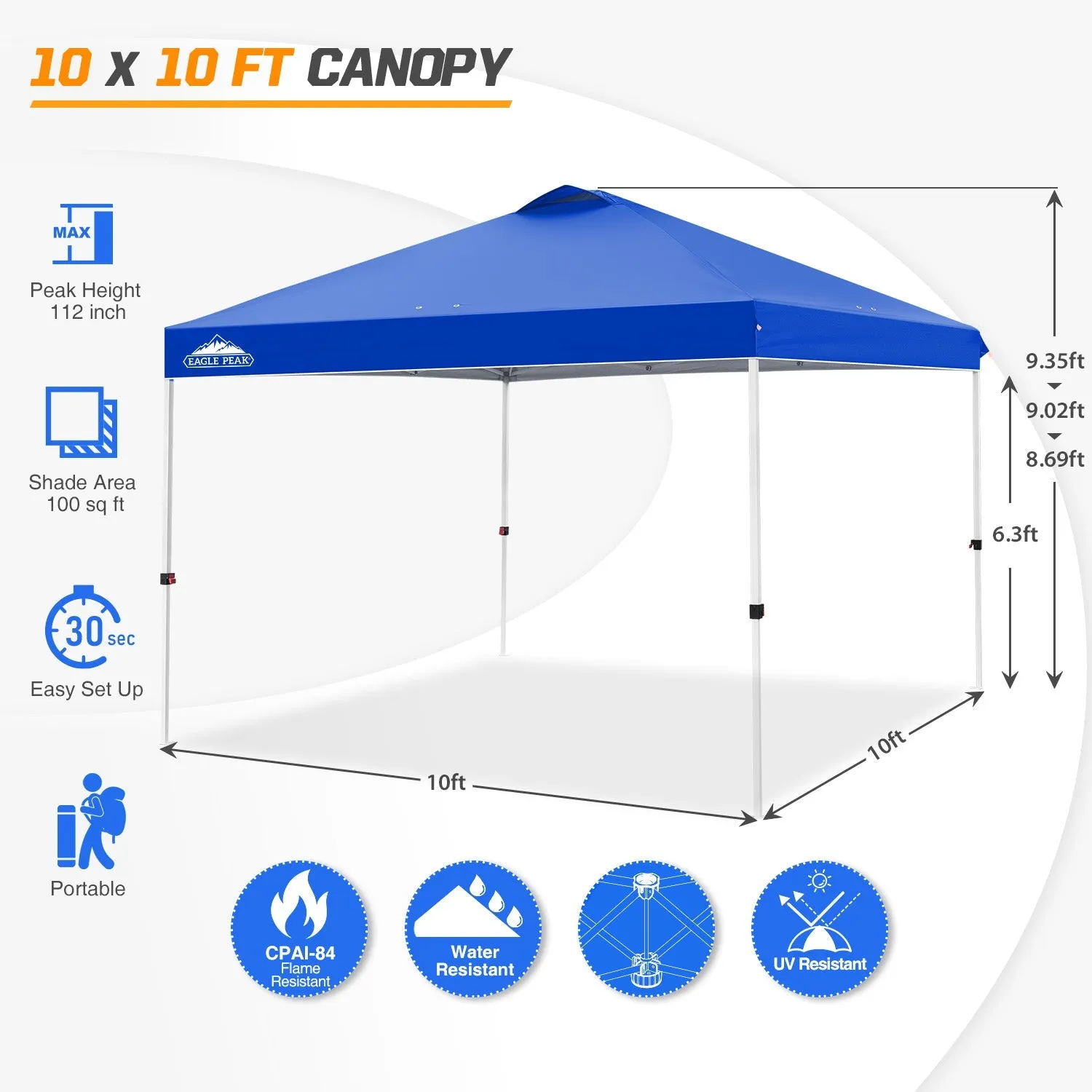 Easy Setup Straight Leg 10x10 Pop Up Canopy Tent w/ 100 sqft of Shade