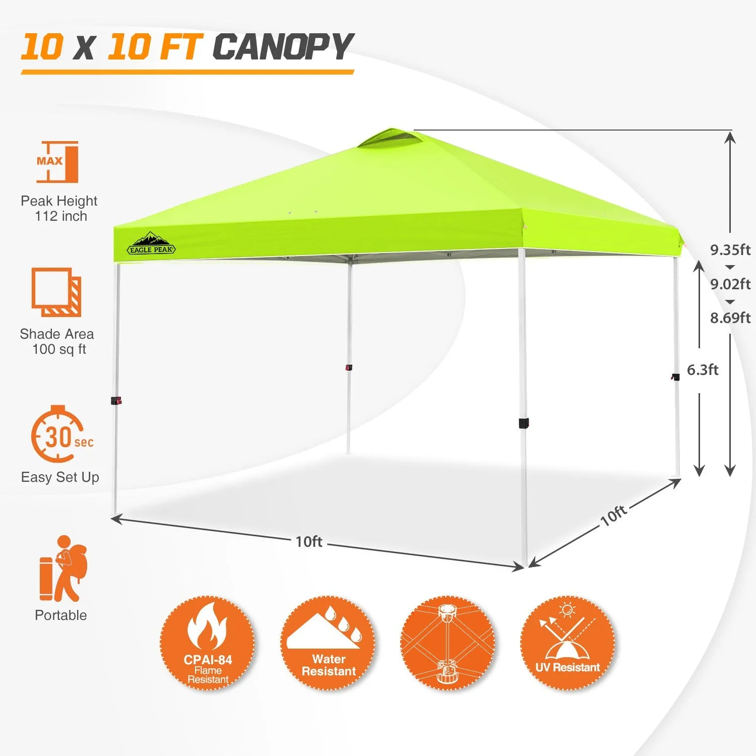 Easy Setup Straight Leg 10x10 Pop Up Canopy Tent w/ 100 sqft of Shade