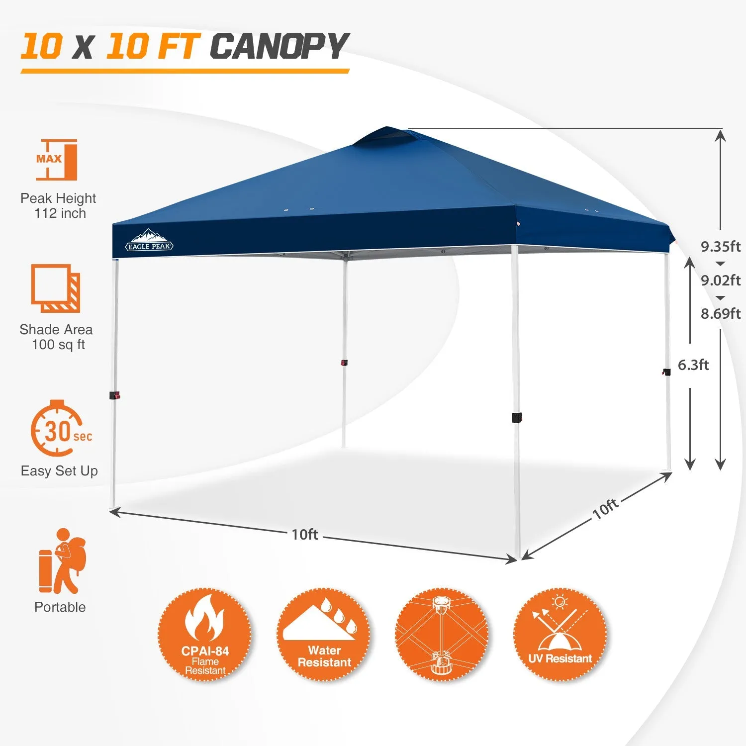 Easy Setup Straight Leg 10x10 Pop Up Canopy Tent w/ 100 sqft of Shade