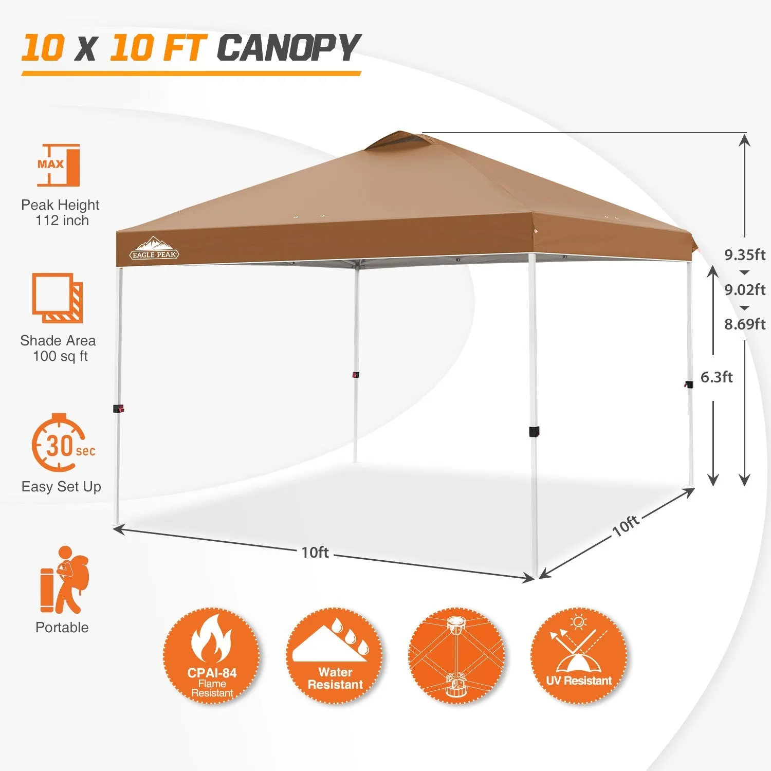 Easy Setup Straight Leg 10x10 Pop Up Canopy Tent w/ 100 sqft of Shade