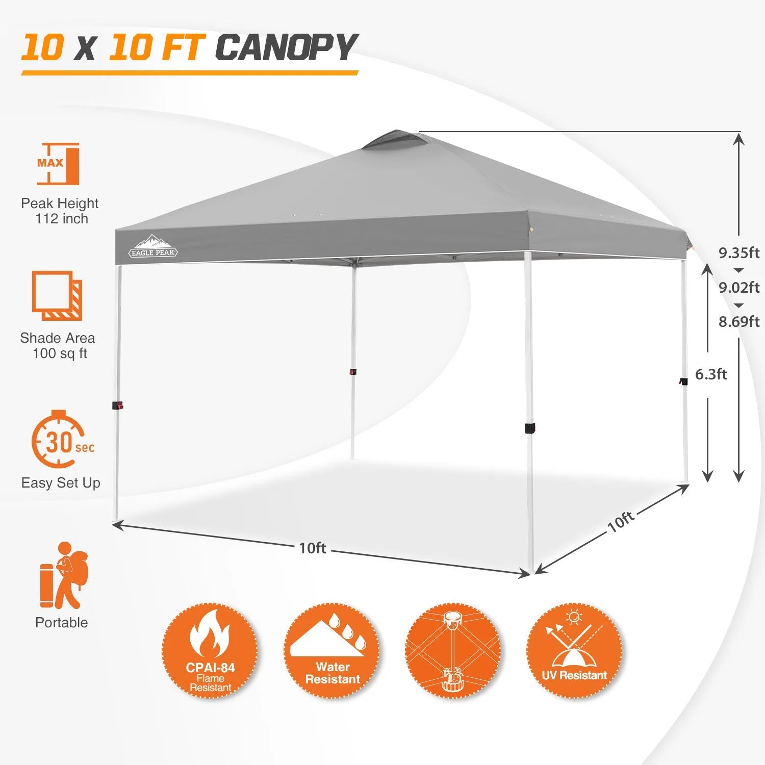 Easy Setup Straight Leg 10x10 Pop Up Canopy Tent w/ 100 sqft of Shade