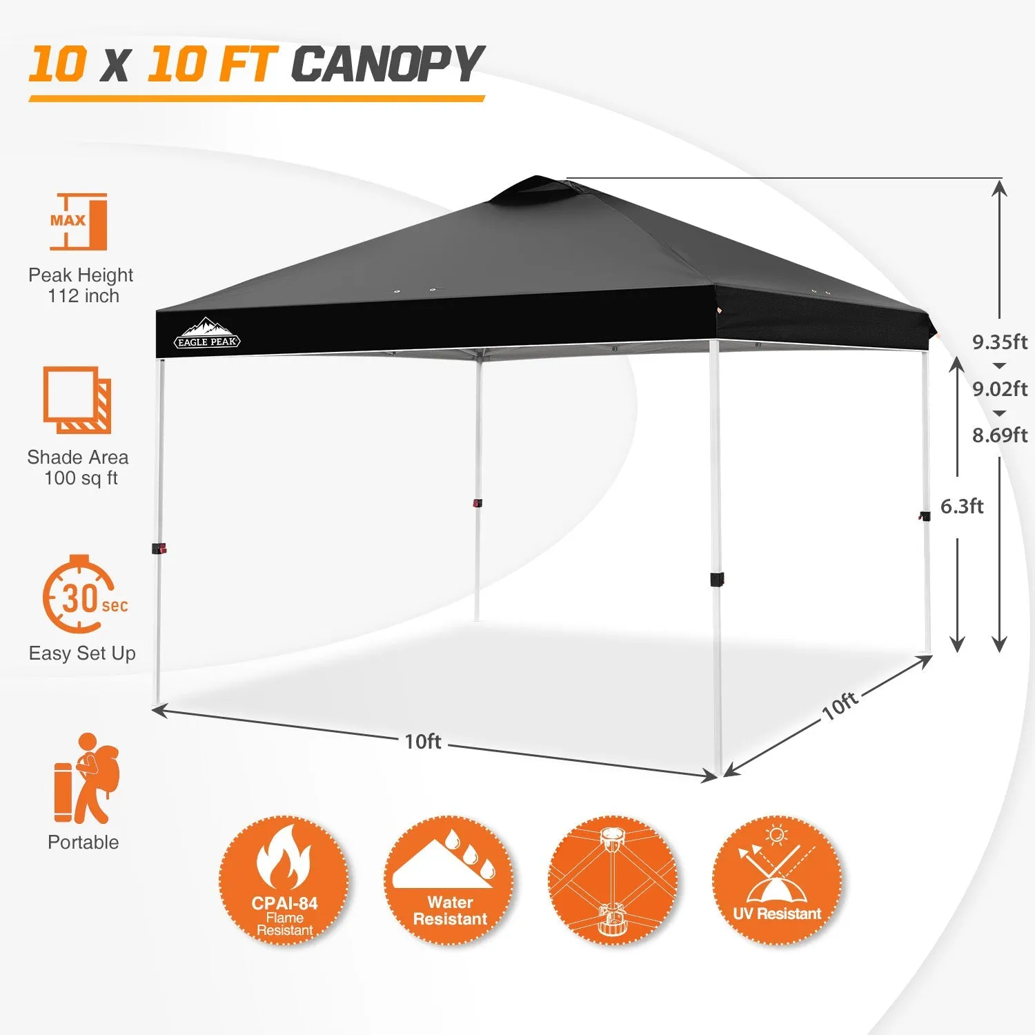 Easy Setup Straight Leg 10x10 Pop Up Canopy Tent w/ 100 sqft of Shade