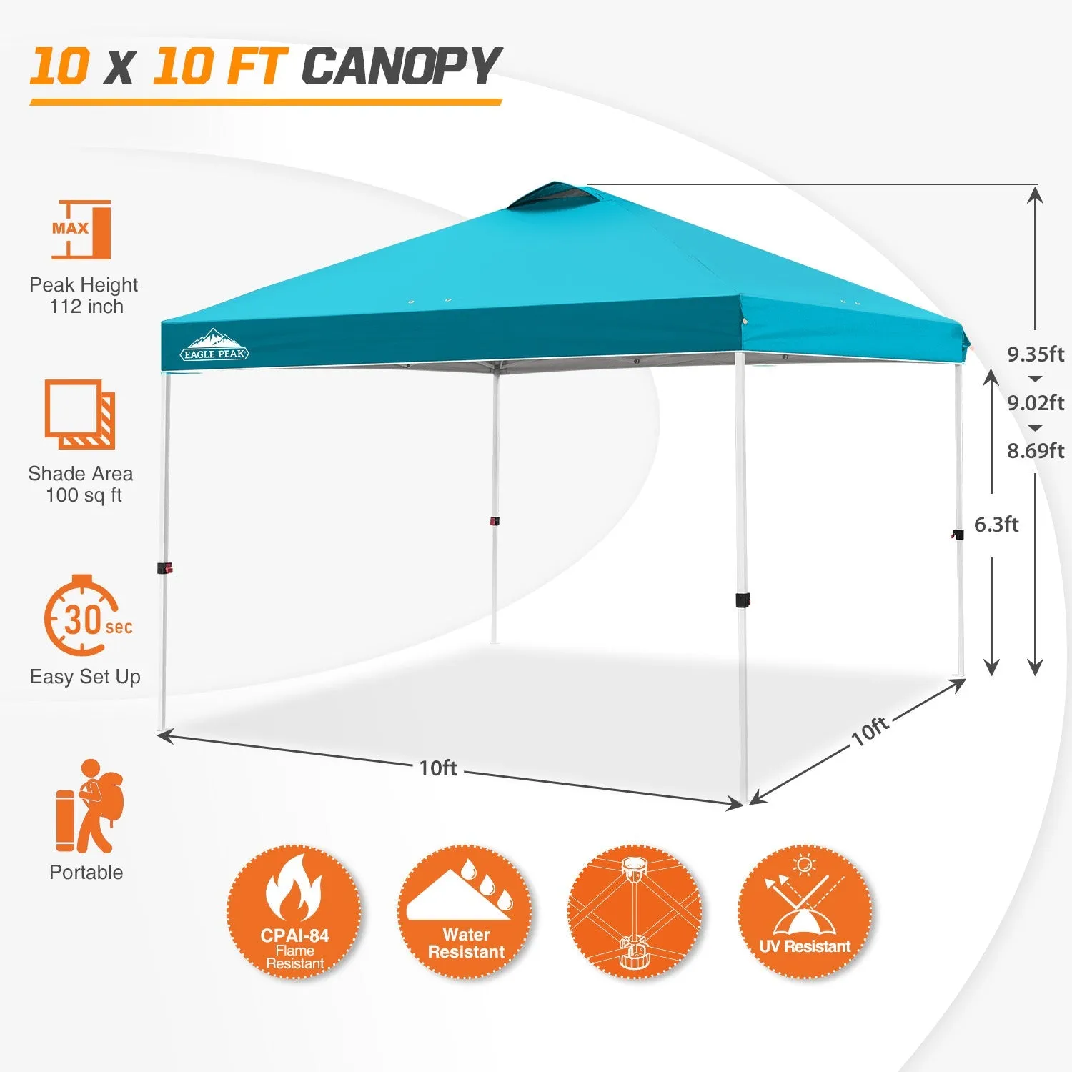 Easy Setup Straight Leg 10x10 Pop Up Canopy Tent w/ 100 sqft of Shade