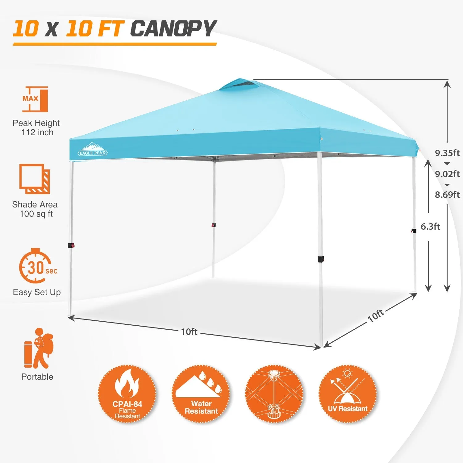 Easy Setup Straight Leg 10x10 Pop Up Canopy Tent w/ 100 sqft of Shade