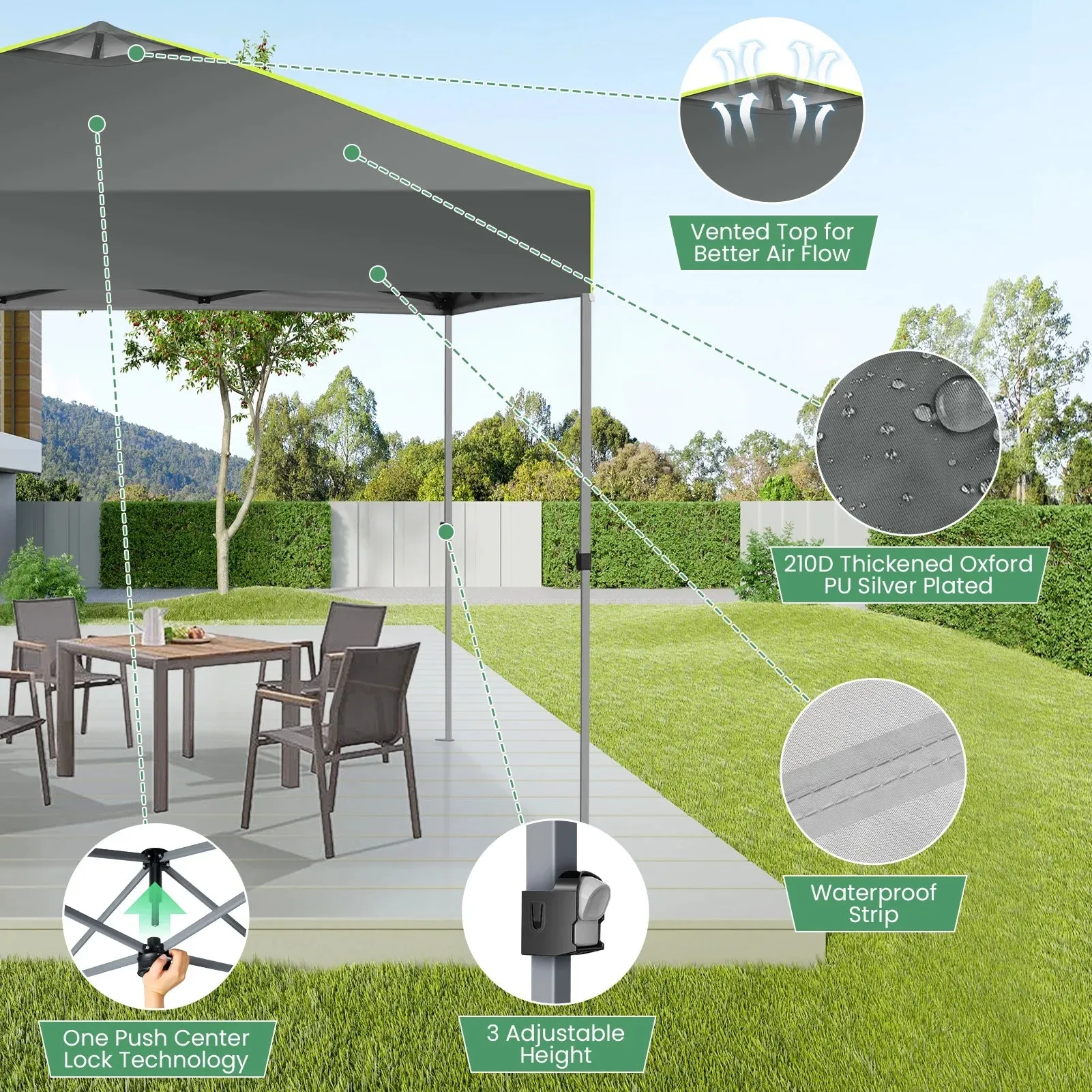 Hoteel Canopy 10x10 Pop Up Canopy Tent 1-Button Push Easy up Outdoor Canopy Instant Portable Commercial Shelter Waterproof UPF50  Gazebo with Reflective Strip, Air Vent & 4 Sandbags, Gray
