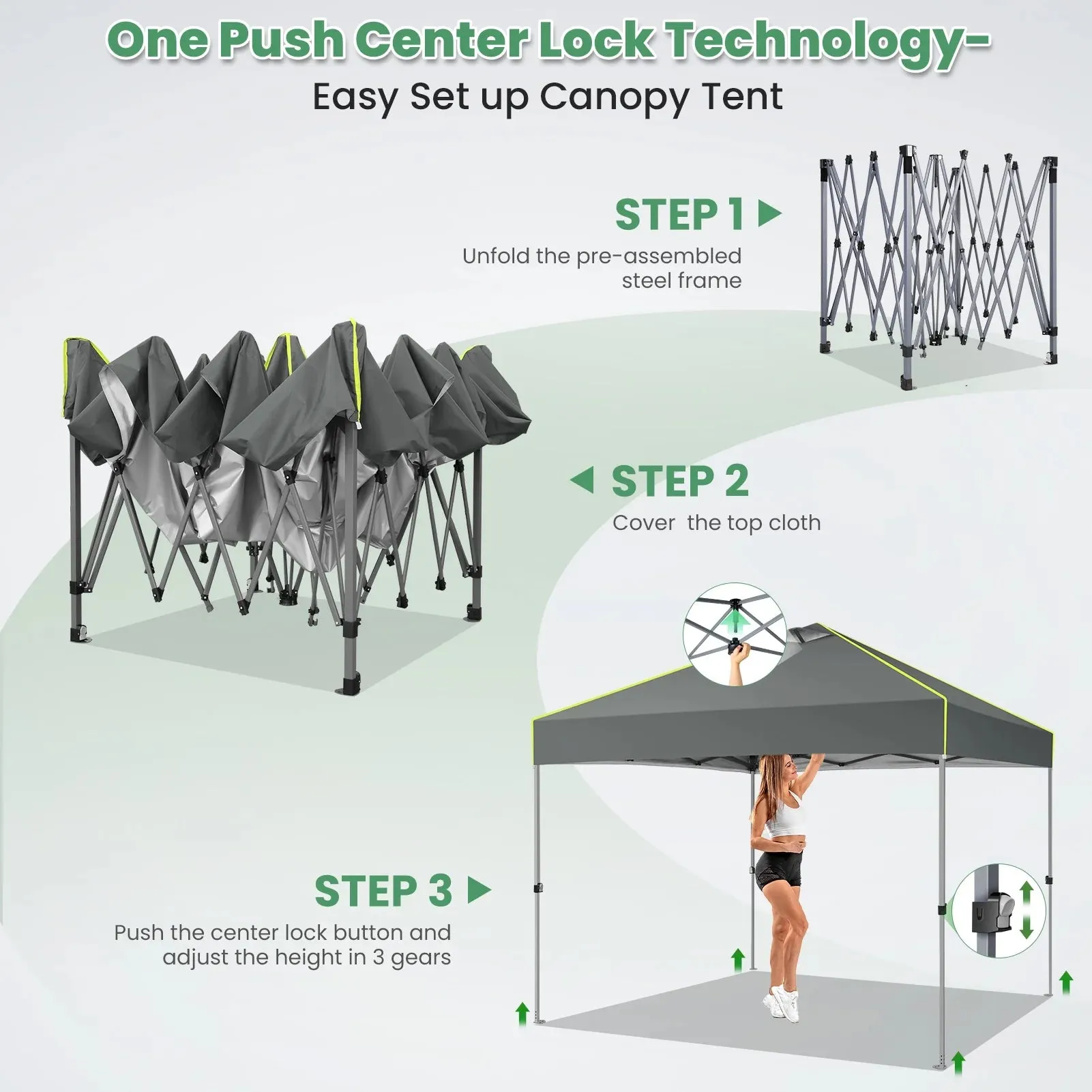 Hoteel Canopy 10x10 Pop Up Canopy Tent 1-Button Push Easy up Outdoor Canopy Instant Portable Commercial Shelter Waterproof UPF50  Gazebo with Reflective Strip, Air Vent & 4 Sandbags, Gray